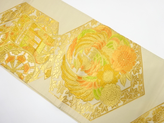JAPANESE KIMONO / ANTIQUE FUKURO OBI / SILK / WOVEN SAKURA & KIKKO PATTERN